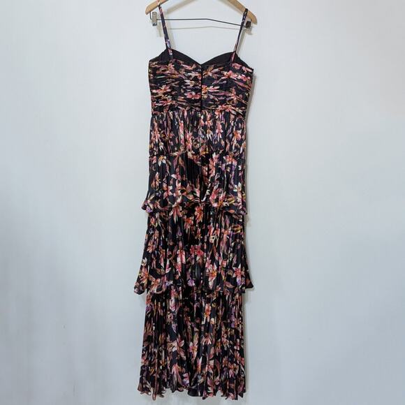 AMUR Londyn Pleated Tiered Maxi Dress Black Floral Size 8 Women's Preowned - Picture 5 of 12